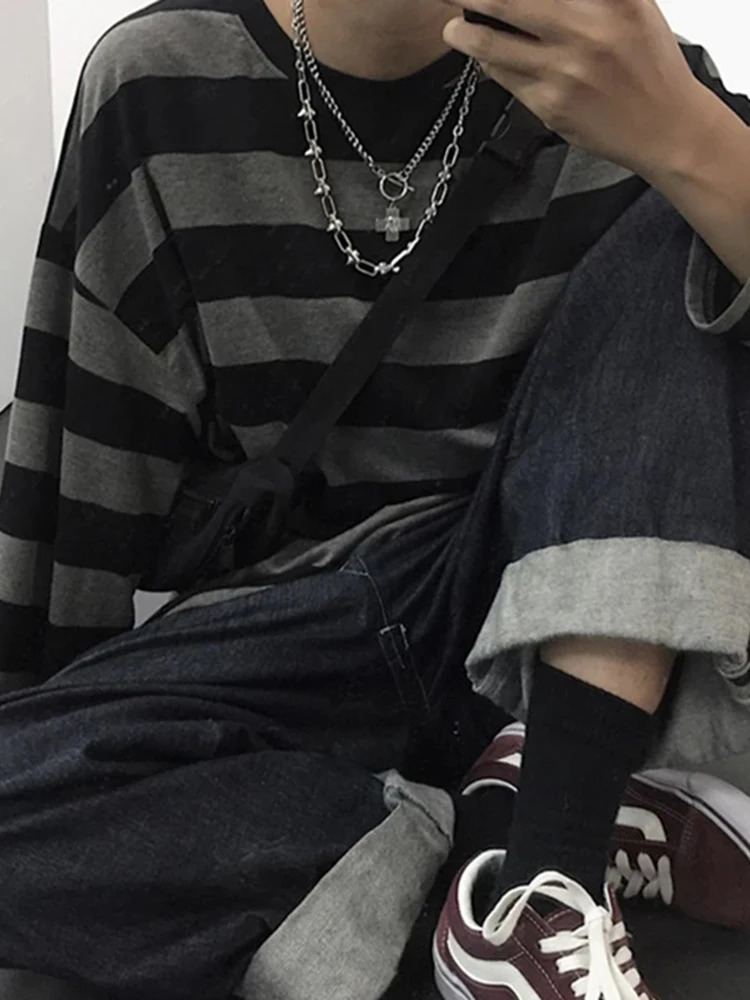 Autumn Striped T-Shirt Long Sleeve Oversize T-Shirt Gothic Teen Tops Couple Casual Women Shirt Fashion Harajuku Loose Streetwear 240806