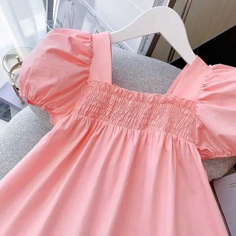 Summer Childrens Clothing Flowers Simple Solid Color Puff Sleeves Baby Girls Dress Thin Preschool Party Princess 0 to 10 Years OldW240720