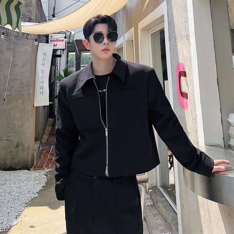 IEFB Trend Mens Jacket Korean Fashion Double Zipper Short Coat Fashion Solid Color Collar Mens Top 9A6760240806