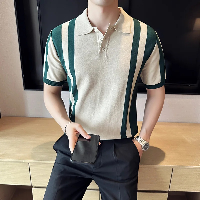 British Style Short Sleeved Polo Shirt Mens Summer Striped Slim Knit Shoulder Strap Business Tshirt 24