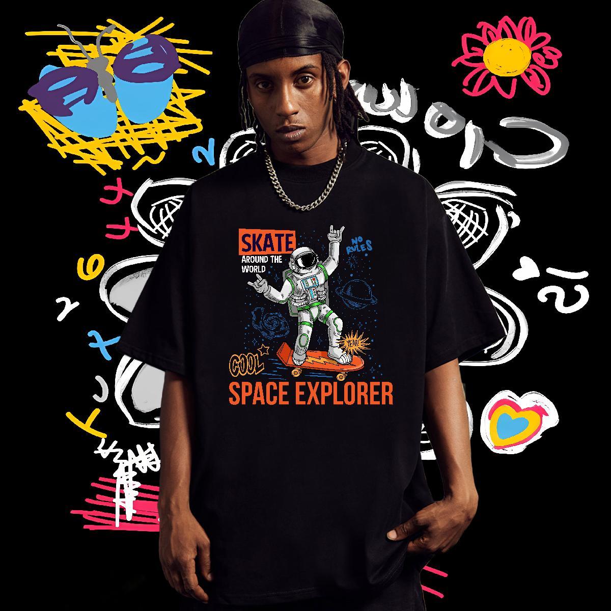 T-Shirts 230g Cotton cosmonaut Anime Printing Street Breathable Short Sleeve Custom Cartoon Tshirt for Man Woman Fashion TOP Quality Tees Shirts