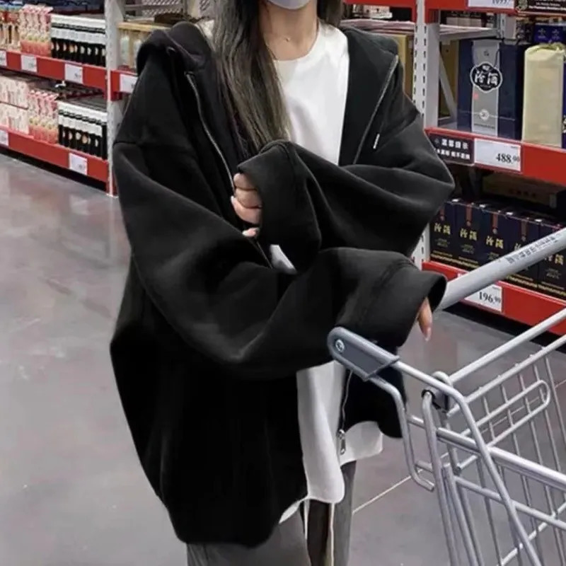 Women Hoodies Autumn Retro Solid Color Zip Up Oversized Sweatshirts Harajuku Long Sleeve Hooded Jackets Coat DF4963 240806