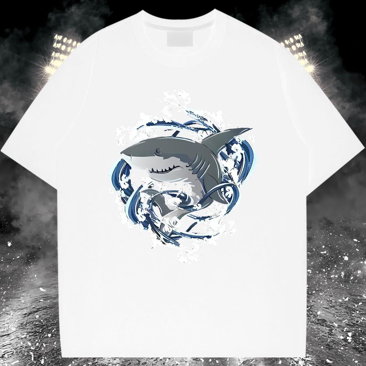 2024 T-Shirts for Men 230g 100% Cotton shark Anime Printing Street Tops Shirt Breathable Short Sleeve Comfortable Mens Tshirts Plus Size Custom