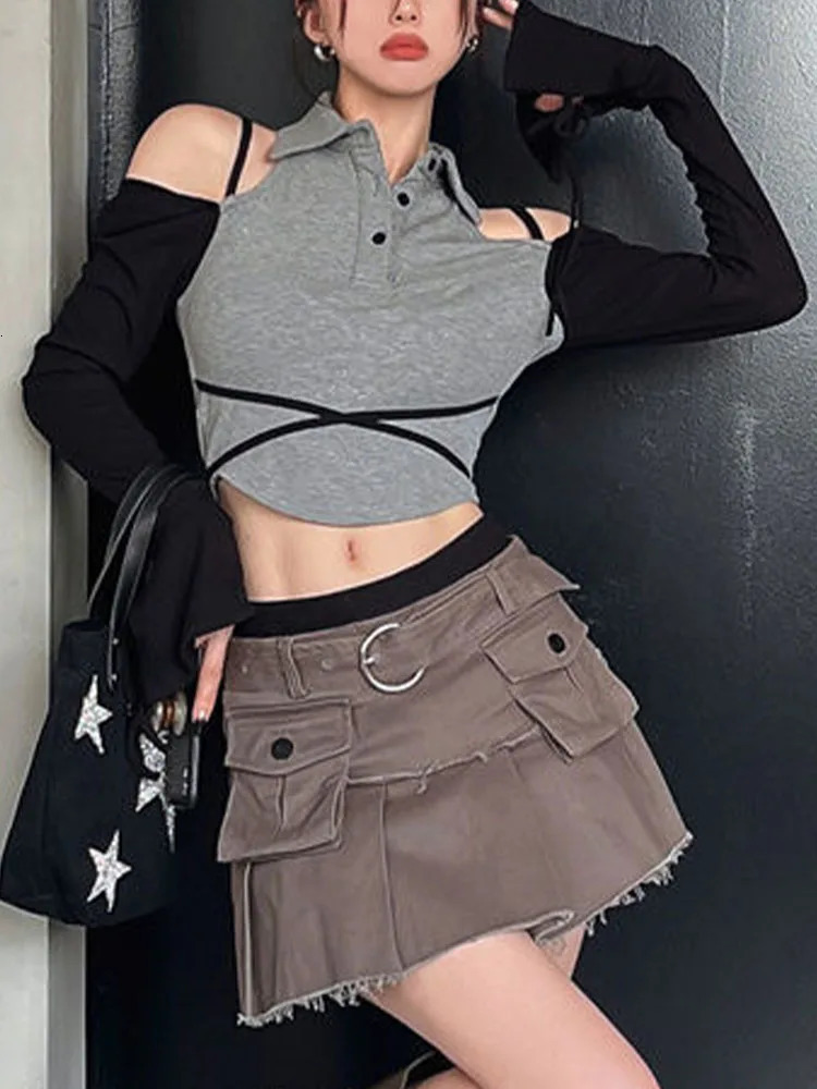 Home>Products>Womens Long Sleeve Ribbon Polo Shirt>Korean Fashion Contrast Patch Work Belt>Ultra Thin Y2k Street Clothing 240827