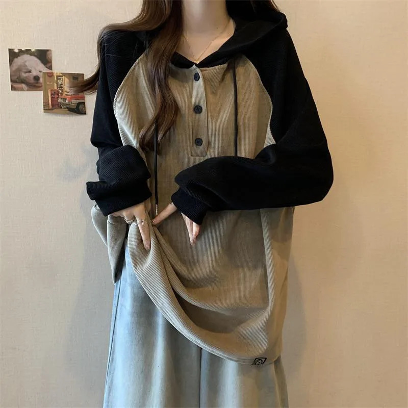 Women Clothing Fashion Casual Long Sleeve Hoodies Spring Autumn Loose Lazy Style Top Tee Office Lady Button Patchwork Pullover 240806