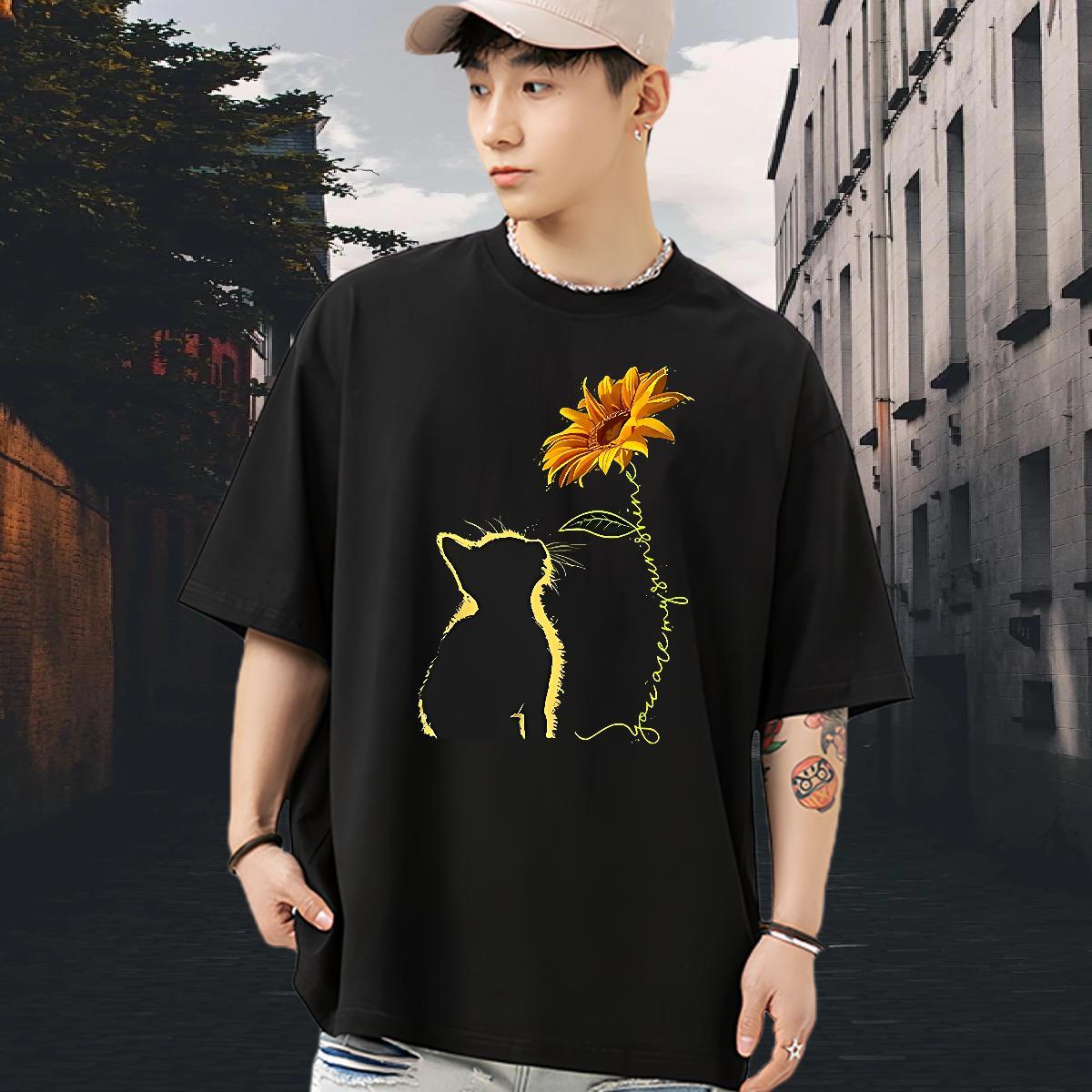 Fashion Man T Shirts 230g 100% Cotton cat Daily Wear Tee Shirt Breathable Short Sleeve Loose Fit Men Tees Custom Anime