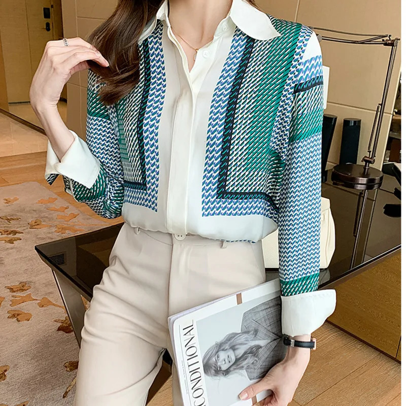 #3160 Spring Autumn Office Shirt Women Turn-down Collar Slim Fit Chiffon Womens Tops And Blouses Elegant Office Blouse Femme 240806
