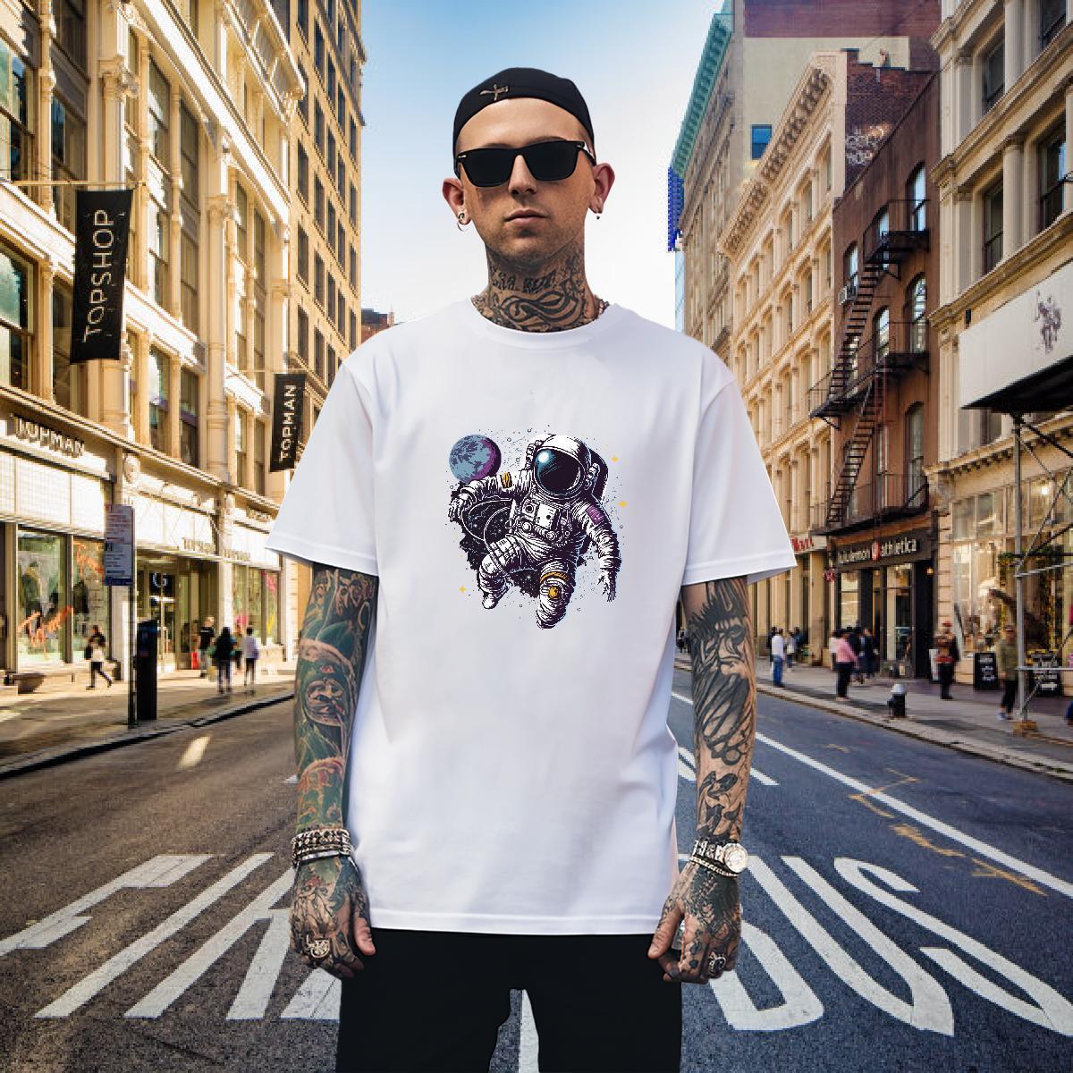 Man T Shirts 230g Pure Cotton cosmonaut Casual Short Sleeve O-Neck DIY Logo Oversized Men Tees Fashion Casual High Quality Clothes