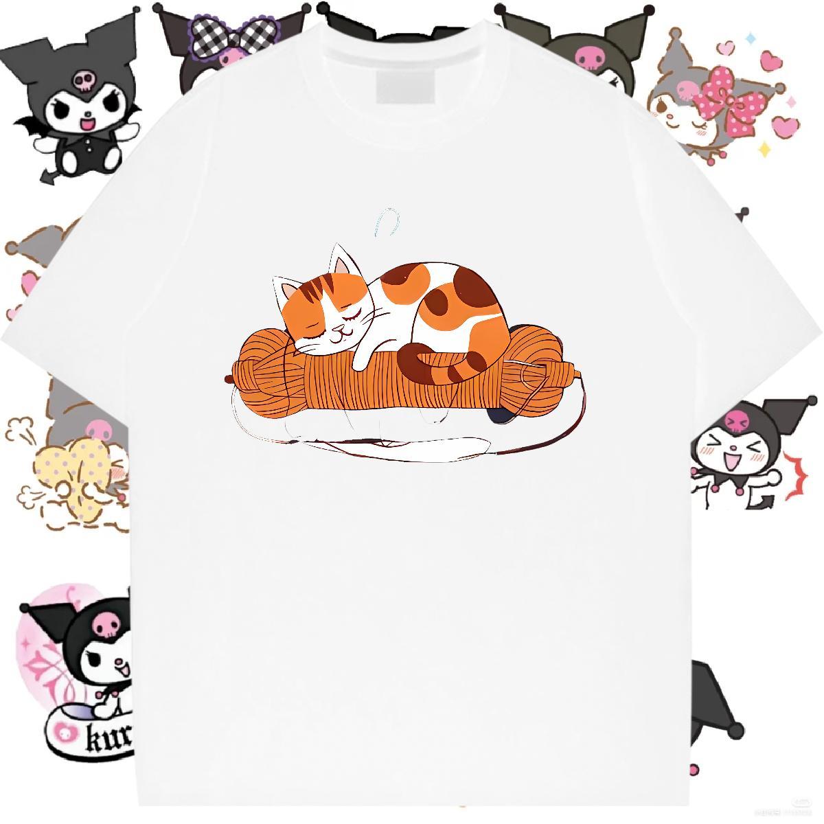 Loose T Shirts Women O-Neck Short Sleeve Women Tees DIY Anime Printed cat Casual 230g Pure Cotton TOP Quality Wear