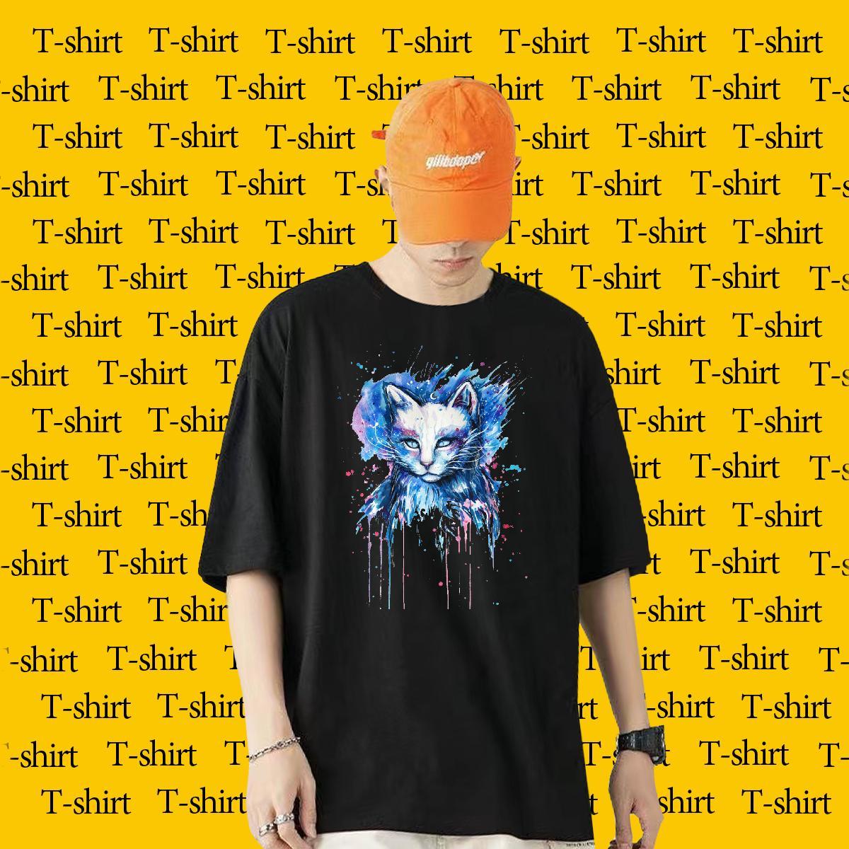Fashion Design T Shirt For Man 230g 100% Cotton cat Hip Hop Wear Breathable Crew Neck Loose Fit Men Tees Custom Cartoon