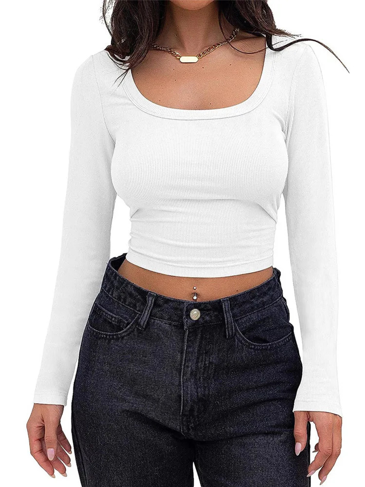 Womens Long Sleeve Square Neck Crop Top Ribbed Slim Fitted Y2K Casual T-Shirt Tops 240806