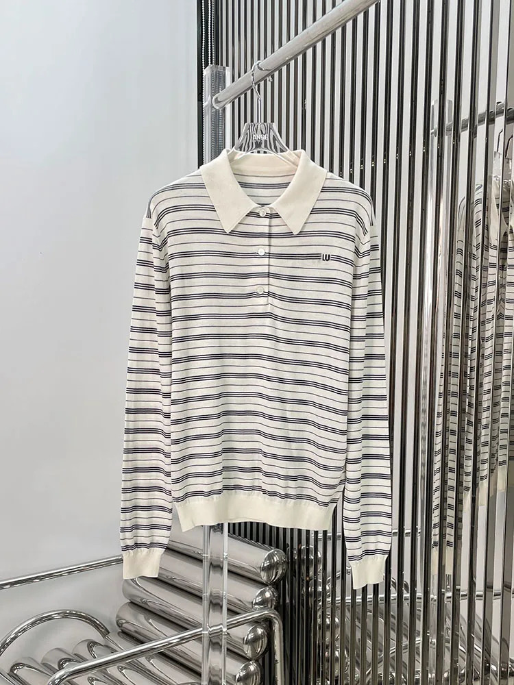 Fashion Versatile Contrast Striped Jacquard Knitted POLO Shirt Letter Micro Label Long sleeved T-shirt Top for Women 240806