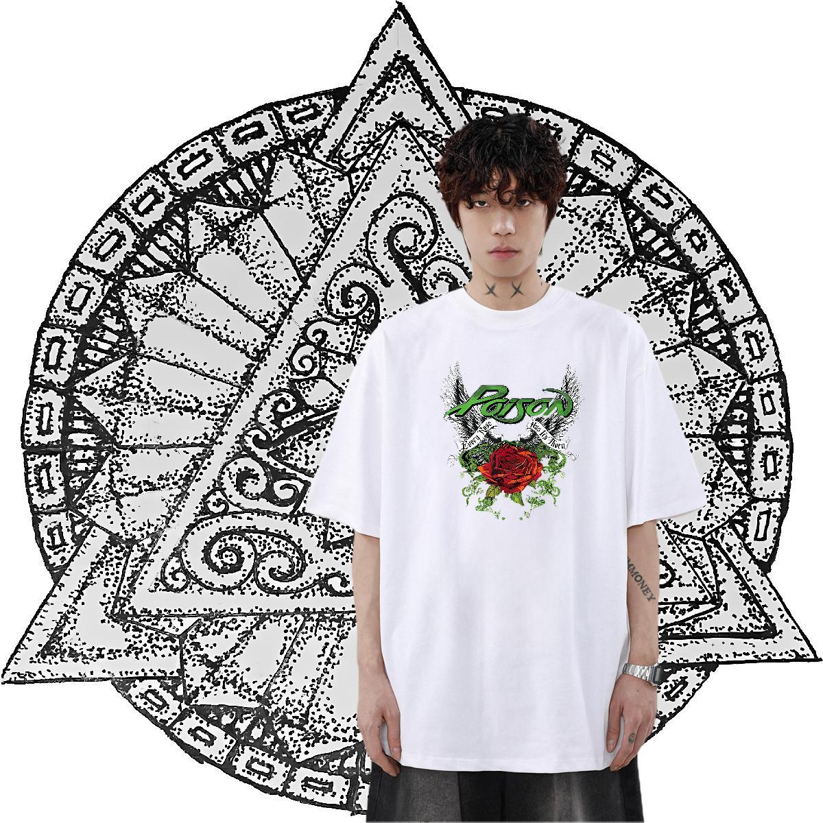 Factory Direct T Shirt For Man 230g Cotton rose Hip Hop Street Tshirts Crew Neck Breathable Designer Men Clothes T-Shirt Cartoon Print