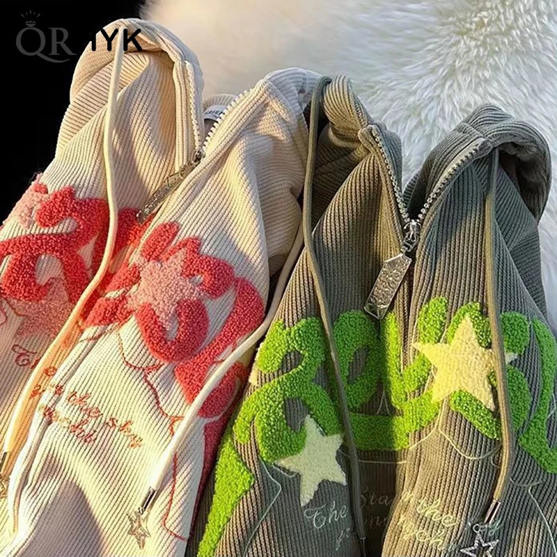 Women Retro Embroidery Hoodies Autumn Winter Zip Up Long Sleeve Loose Jacket Coats Y2K Casual Pocket Hooded Sweatshirts 240806