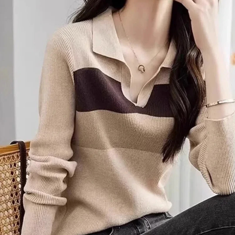 Autumn and winter fashion polo neck long sleeved patched work color blocking pull womens loose Korean style bottom shirt 240827