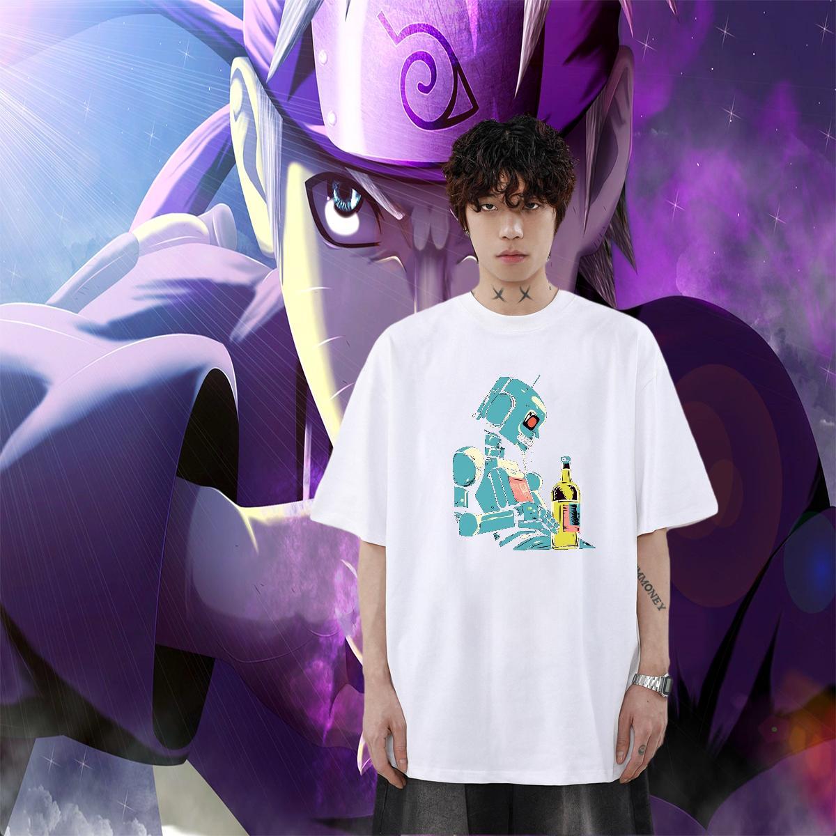 Soft Men Tees 230g Cotton High Street Hip Hop robot Graphic Pure Cotton Casual New T Shirt For Man Polos