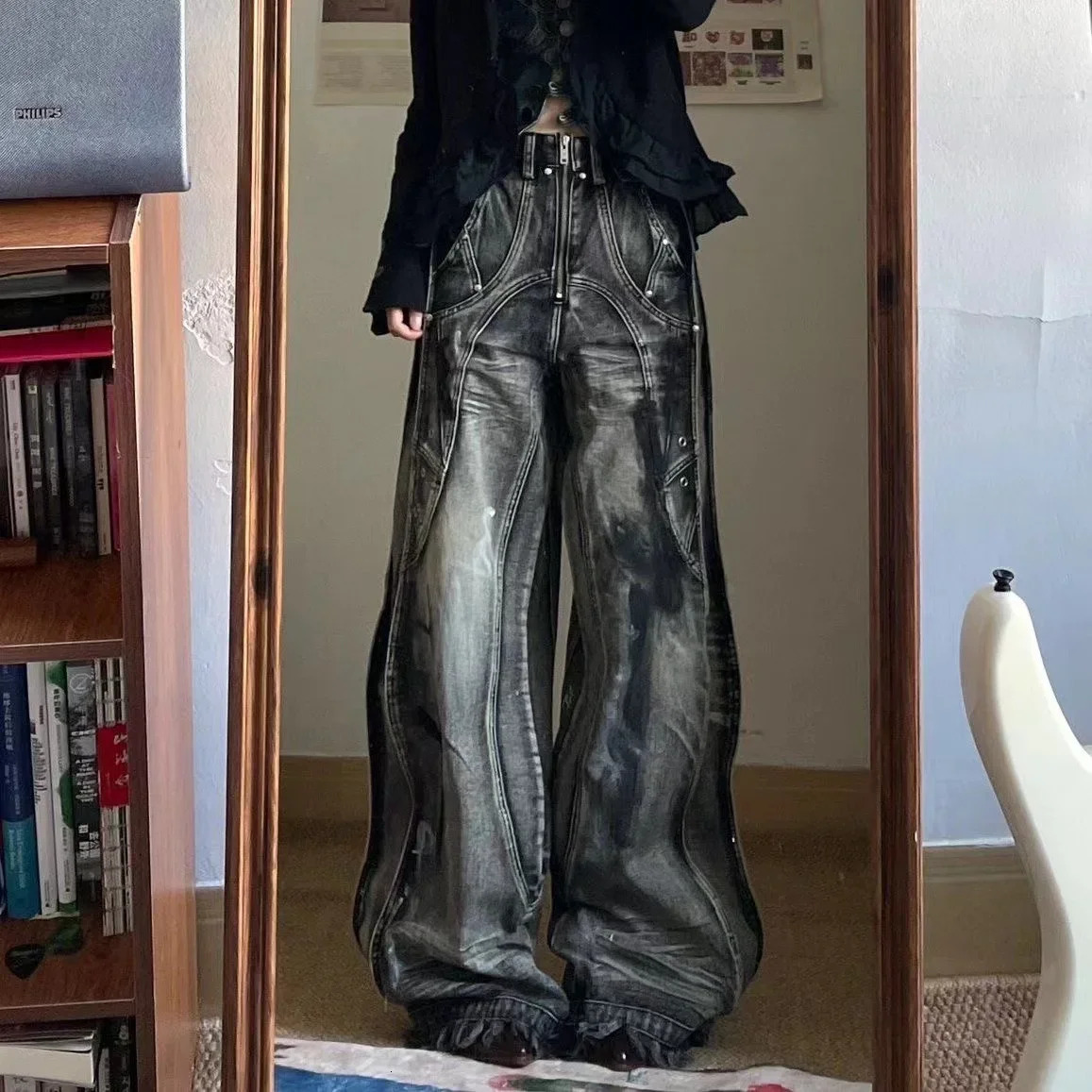 Y2K American Vintage hip-hop washing fashion striped graffiti jeans womens Harajuku punk Gothic wide pants Streetwear 240806