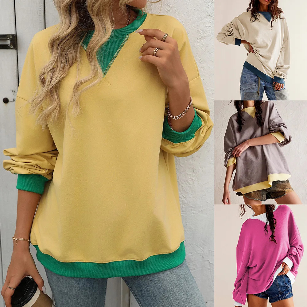 Spring Autumn Womens Sweatshirt Contrast O-neck Casual Loose Pullovers Female Multicolour Sport Shirt Womens Tops 240806