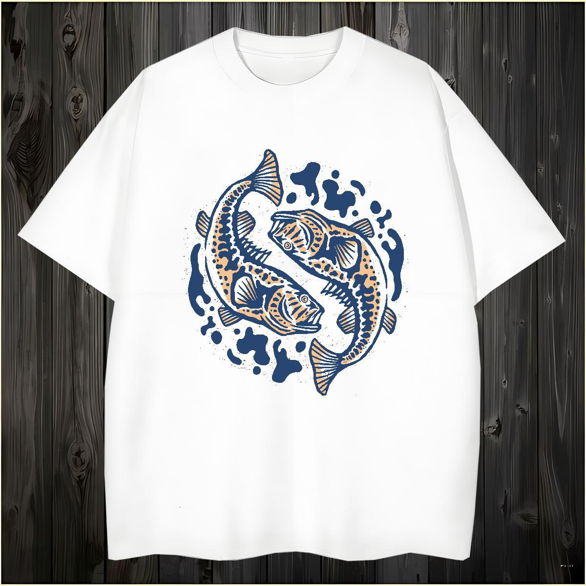 T-Shirts for Men 230g Cotton fish Street Wear Crew Neck Black White Tshirts Classic Casual Soft Tops Tees