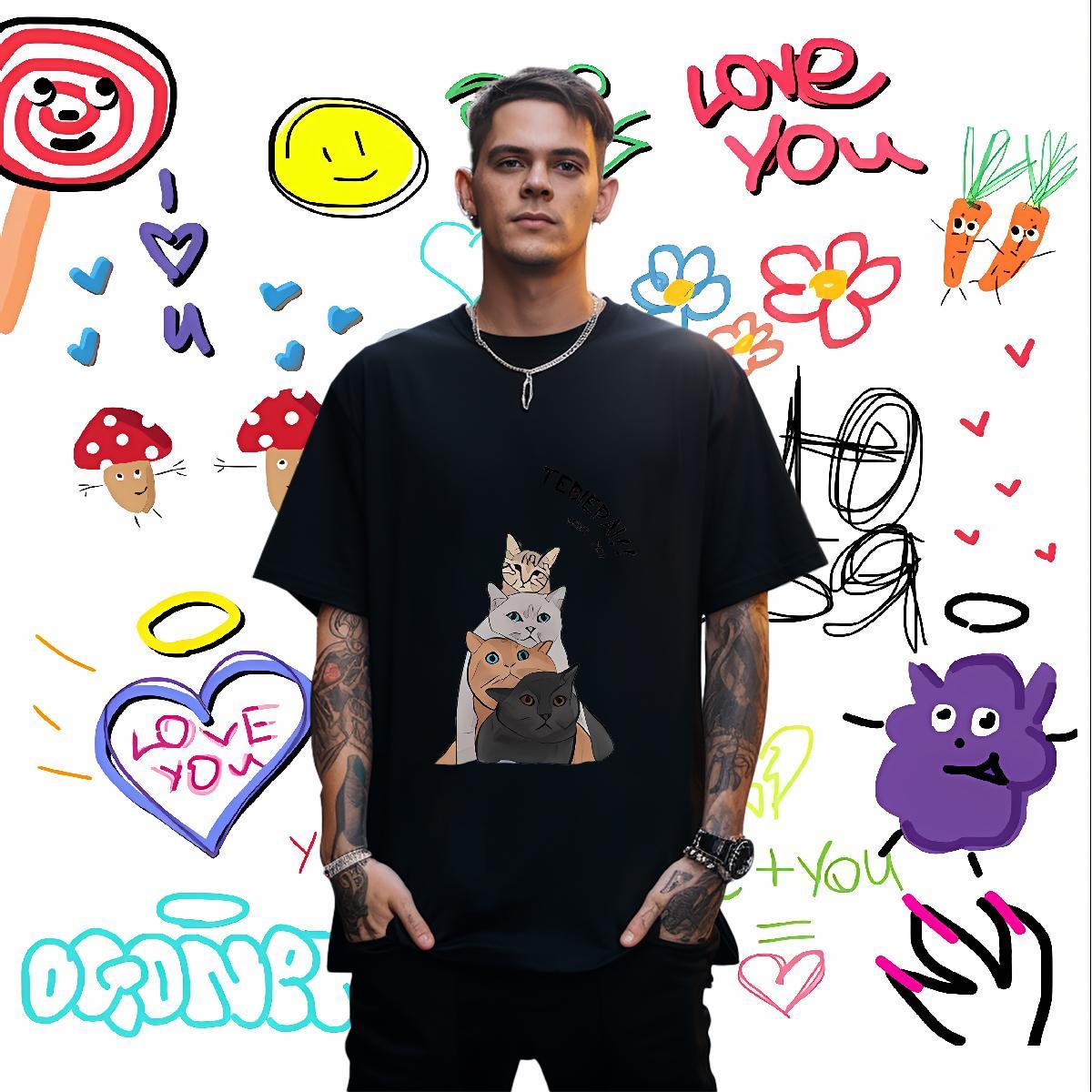 2024 DIY T-Shirts 230g Pure Cotton cat Daily Outfit Tee Shirt Breathable Short Sleeve Comfortable Men Clothes T-Shirt Oversized 3XL 4XL