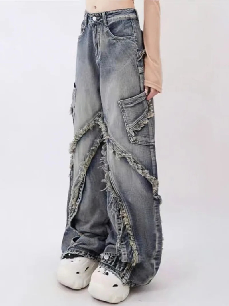 American High Street Washed Raw Edge Stitching Jeans Women Autumn and Winter Y2KINS High-End Trend Loose Slim Wide-Leg Pants 240806