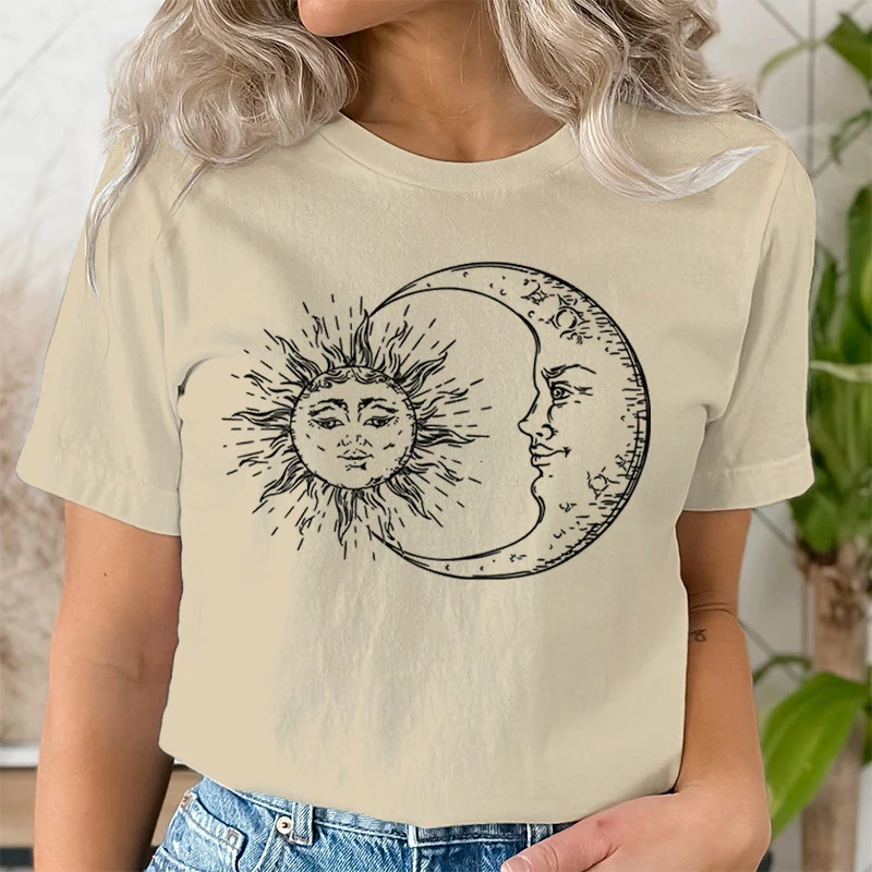 Sun Moon Face Print T Shirts Fashion Summer Casual Tops Punk Womens O-neck Tshirt Clothing Hip Hop Streetwear 2000s Clothes 240806