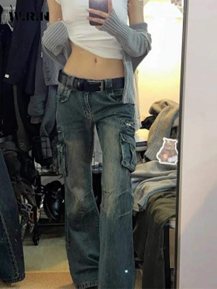 Cargo Pants Women Korean Fashion Big Pocket Femme Flare Pants Spring Summer Casual Mopping Denim Loose Jeans Trousers 240806