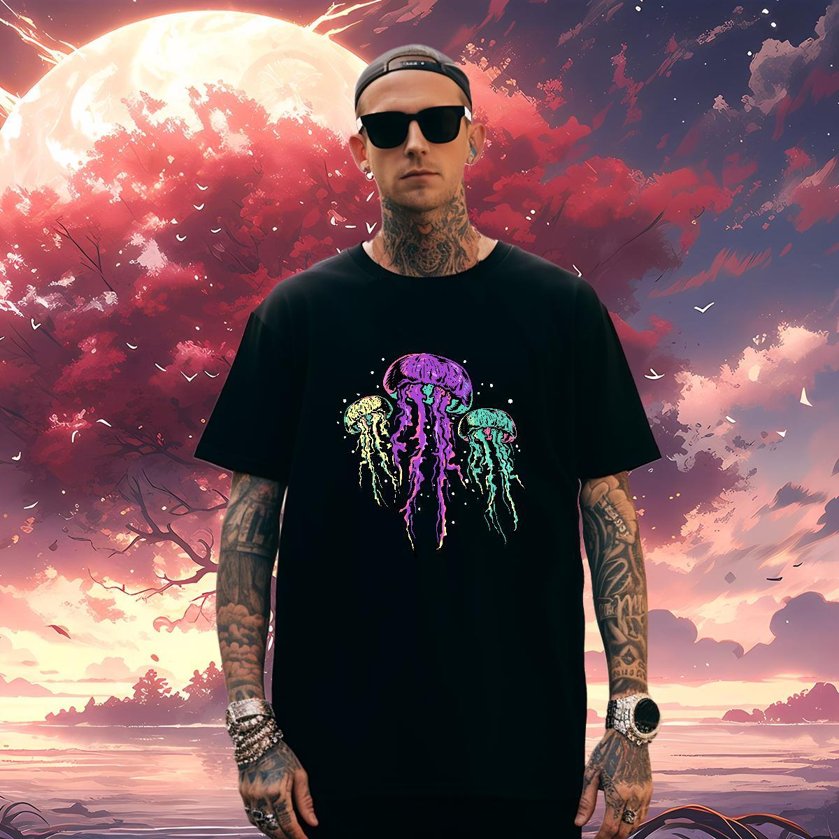 T-Shirts for Men 230g 100% Cotton jellyfish Hip Hop Pure Cotton Custom Printed Men Tshirts Wholesale Cool Tops Tees