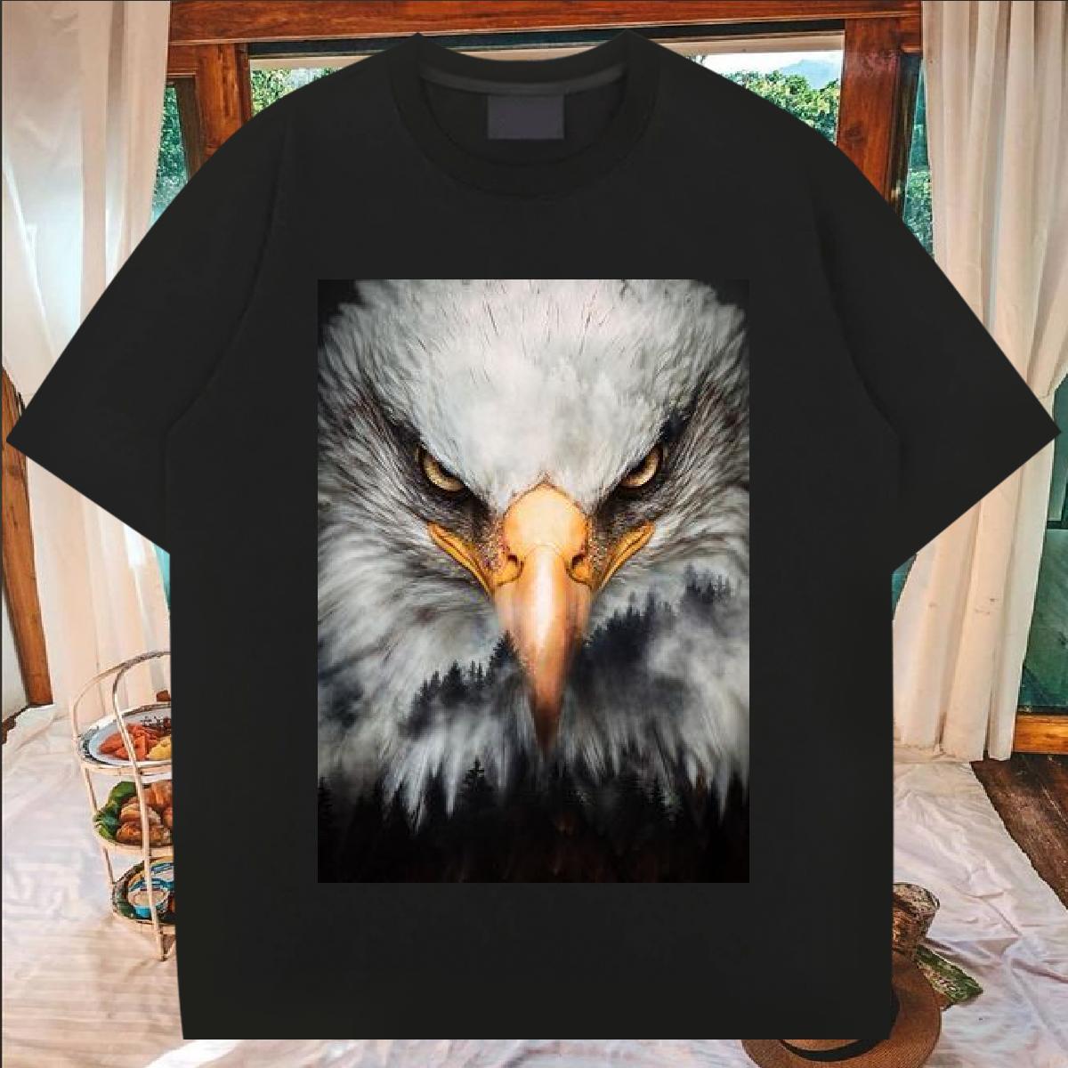 2024 New T-Shirts for Men 100% Cotton 230g eagle Sports Casual Tees Shirts O Neck Short Sleeves Comfortable Men Tees Cartoon Print