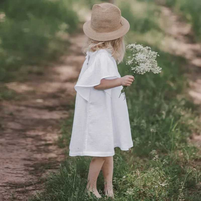 Summer girls dress flying sleeve cotton dress casual pleated dress solid color dress baby dress summer princess cute dressW240720