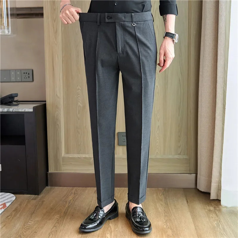 Men Suit Pants Trousers Spring Elastic Waist Solid Slim Fit Dress Office Business Casual High Quality Mens Clothing 240806