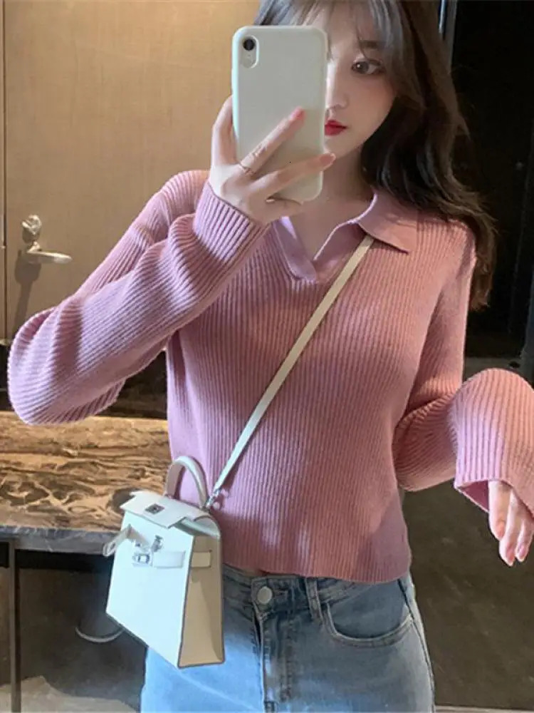 AOSSVIAO Womens Autumn Winter Pullover Solid Base All Match Sweater Lapel Polo Neck Knitted Bottoming Top 240806