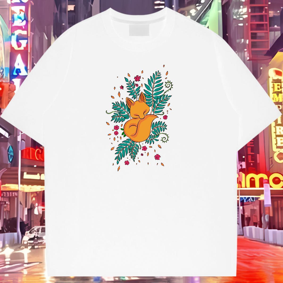 2024 DIY T shirt 230g 100% Cotton fox Casual Wear O-Neck Short Sleeve High Quality Couples T Shirts Cartoon Printing L-4XL