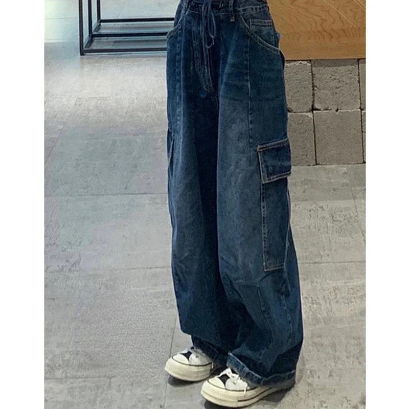 Dark Blue vintage cargo Jeans Womens Spring y2k Streetwear Loose high waisted jeans Straight Wide Leg cargo Jeans Womens 240806