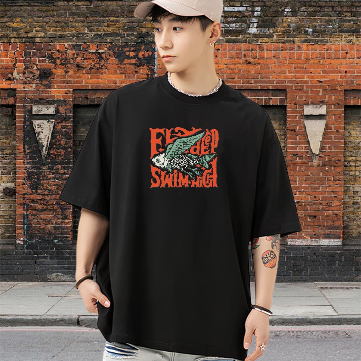 Factory Direct Mens T Shirts 230g Cotton fish Hip Hop Clothes Round Neck Short Sleeve Wholesale Men Clothes T-Shirt Black White
