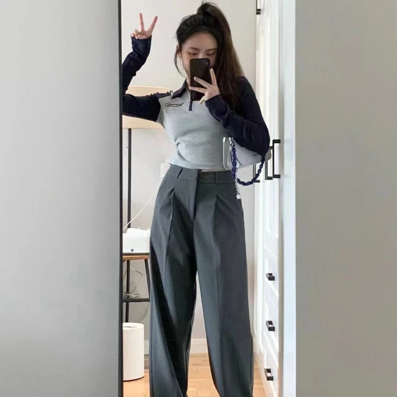 Embroidered polo shirt womens high-quality long sleeved breathable womens casual T-shirt Y2k polo neck slim cut top 240827