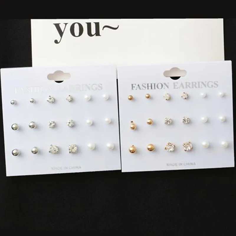 Fashion 9-piece/Set Round Square Crystal Gold Stud Earrings Simulated Pearl Ball Silver Womens Jewelry Earrings Set W241023
