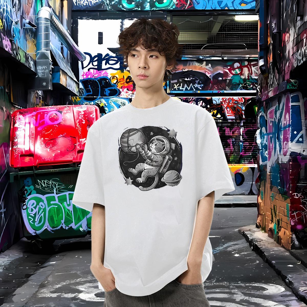 Fashion New Mens T Shirts 230g 100% Cotton cat Anime Printing Street Tops Pure Cotton Loose Fit Men Clothes T-Shirt Custom Cartoon