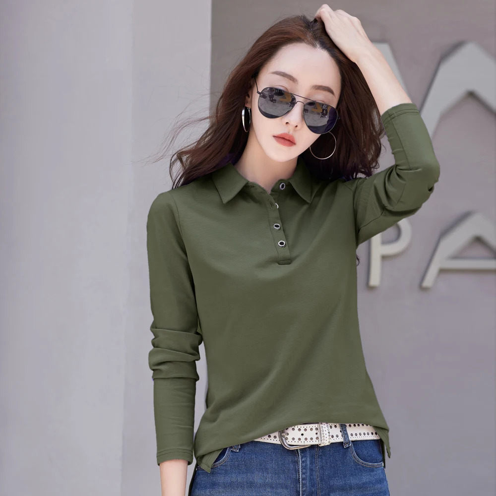 Autumn basic T-shirt long sleeved cotton plus size cotton polo T-shirt womens button casual office womens formal womens top 240827