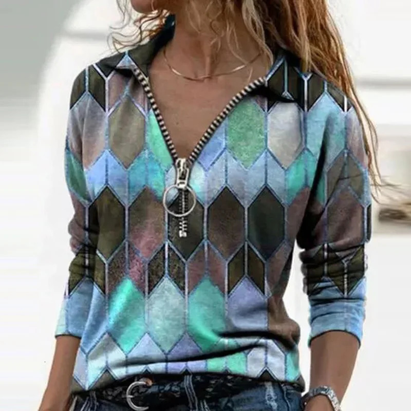 Womens long sleeved V-neck geometric printed shirt retro loose polo shirt Y2K Harajuku oversized top elegant zipper sweater tuned 240827