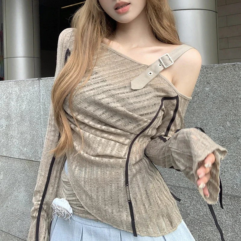 Vintage Tops One Shoulder Knit Slim Fit Irregular Hem T Shirt Korean Grunge Y2K Crop Tees Summer Ruched Long Sleeve Tees Shirt 240806