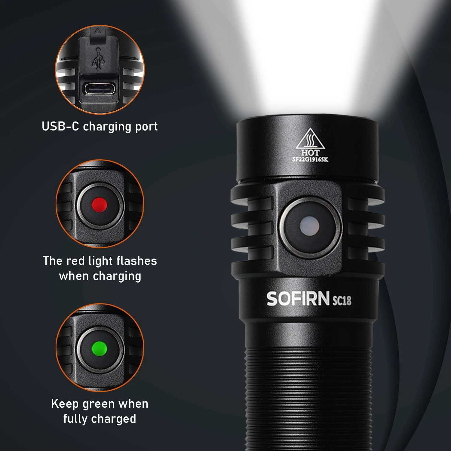 Sofirn SC18 1800lm EDC flash USB C charging SST40 LED 18650 flashlight TIR optical lens light with power indicator Z250325