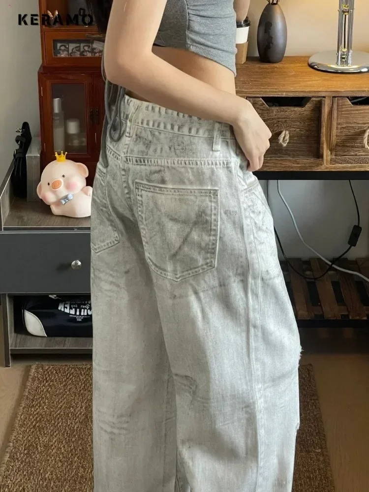 American Vintage High Waist Ripped Jeans Womens Casual Y2K Wide Leg Grunge Pants 2000s Baggy High Street Washed Denim Trouser 240806