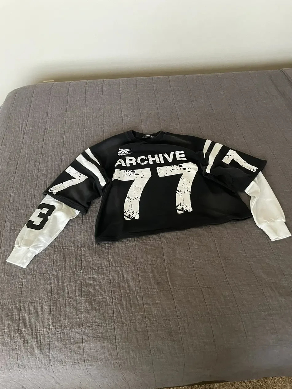 Personalized contrasting color splicing printed T-shirt American street loose casual long-sleeved letter pattern y2k T-shirt 240806