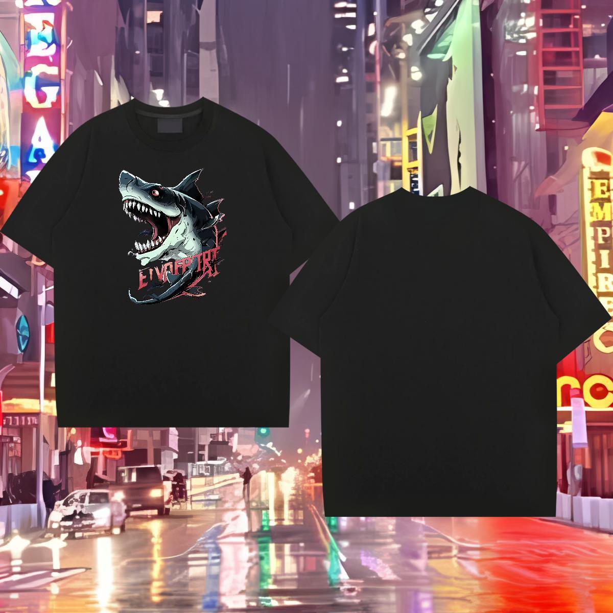 New Arrival Men T Shirts 230g Cotton shark Outdoor Tops Tees Breathable Crew Neck Cool Design Tshirts Cartoon Printing L-4XL