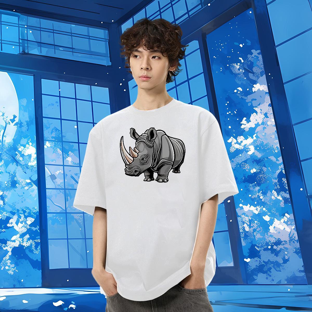Custom T-Shirts for Men 230g Pure Cotton rhinoceros Spring Summer Clothes Round Neck Short Sleeve Popular Men Tees Skull