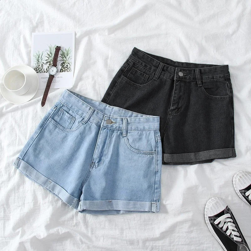 Womens wide leg denim shorts loose summer slim fit high waist casual jeans 240805