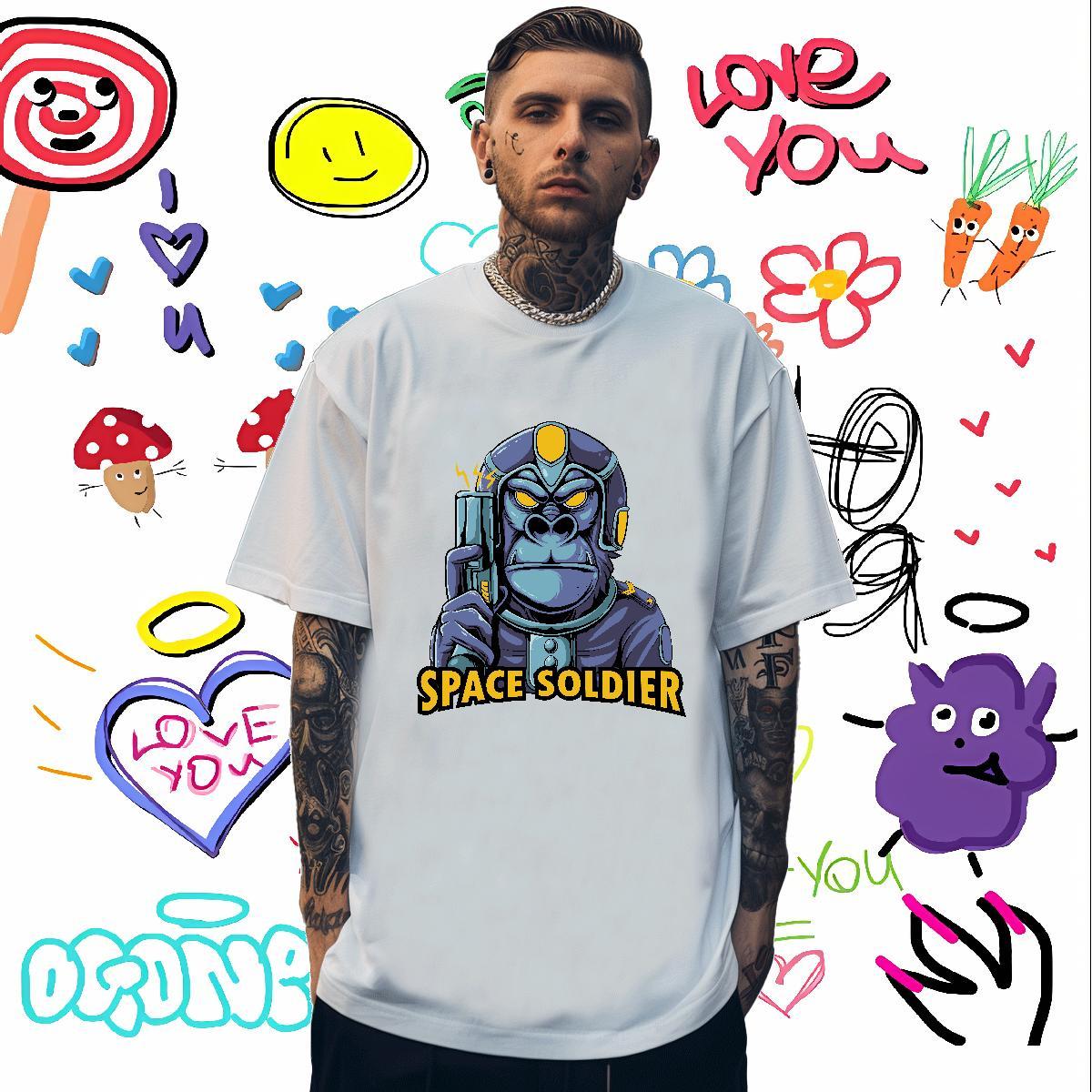 DIY Mens T Shirts 230g Pure Cotton chimpanzee Hip Hop Street Tops Breathable Soft Comfortable Men Tees Floral Print