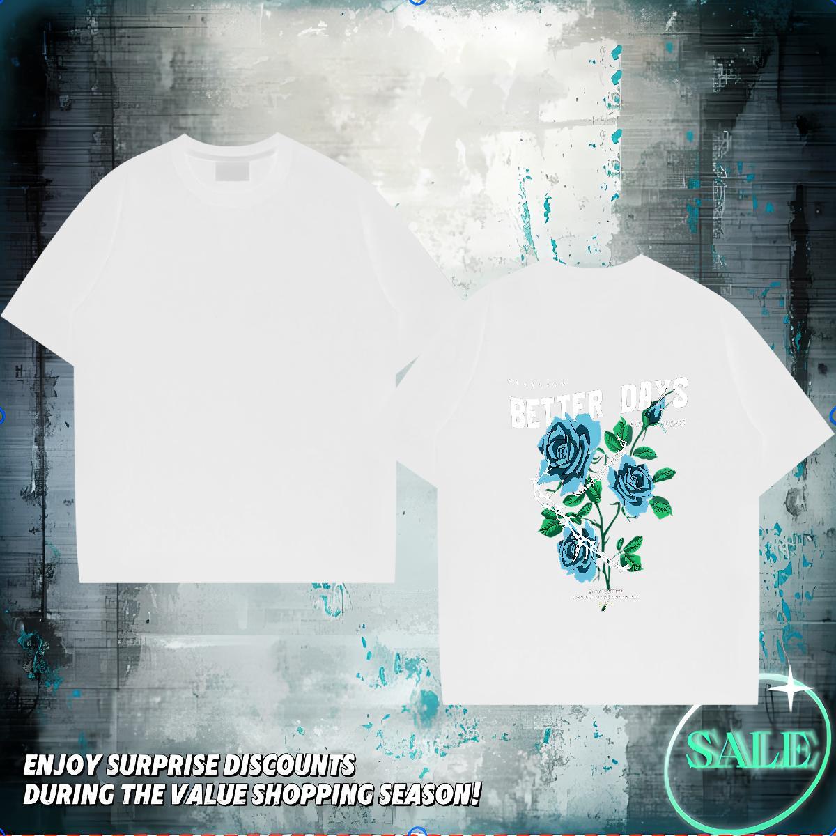 New Designer T Shirts Men 230g Cotton ROSE Anime Printing Street Tee Shirt Breathable Short Sleeve Loose Men Tops Tees Oversized 3XL 4XL