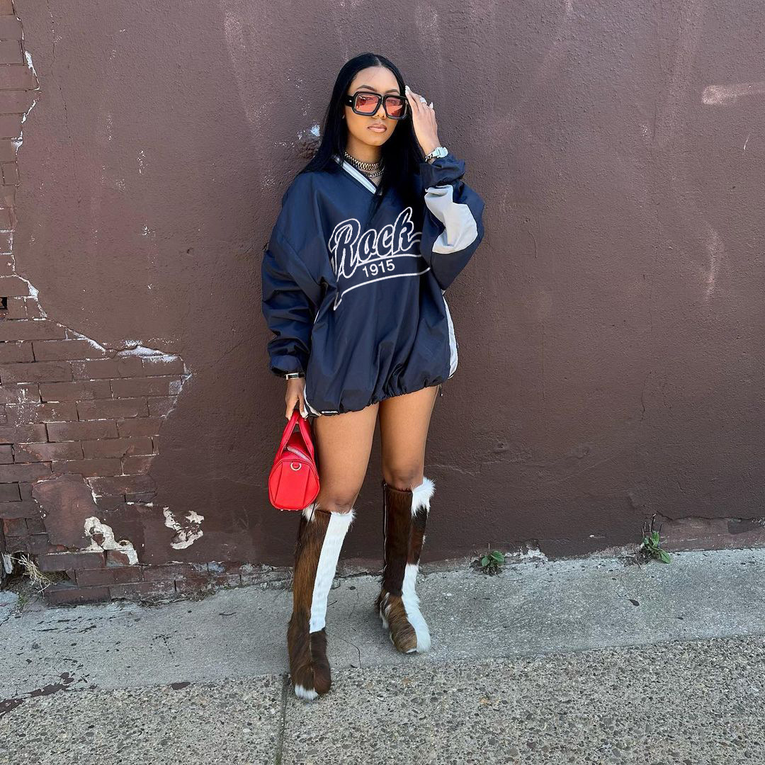 American streetwear casual women's letter print contrasting woven loose David suit mid length drawstring V-neck top